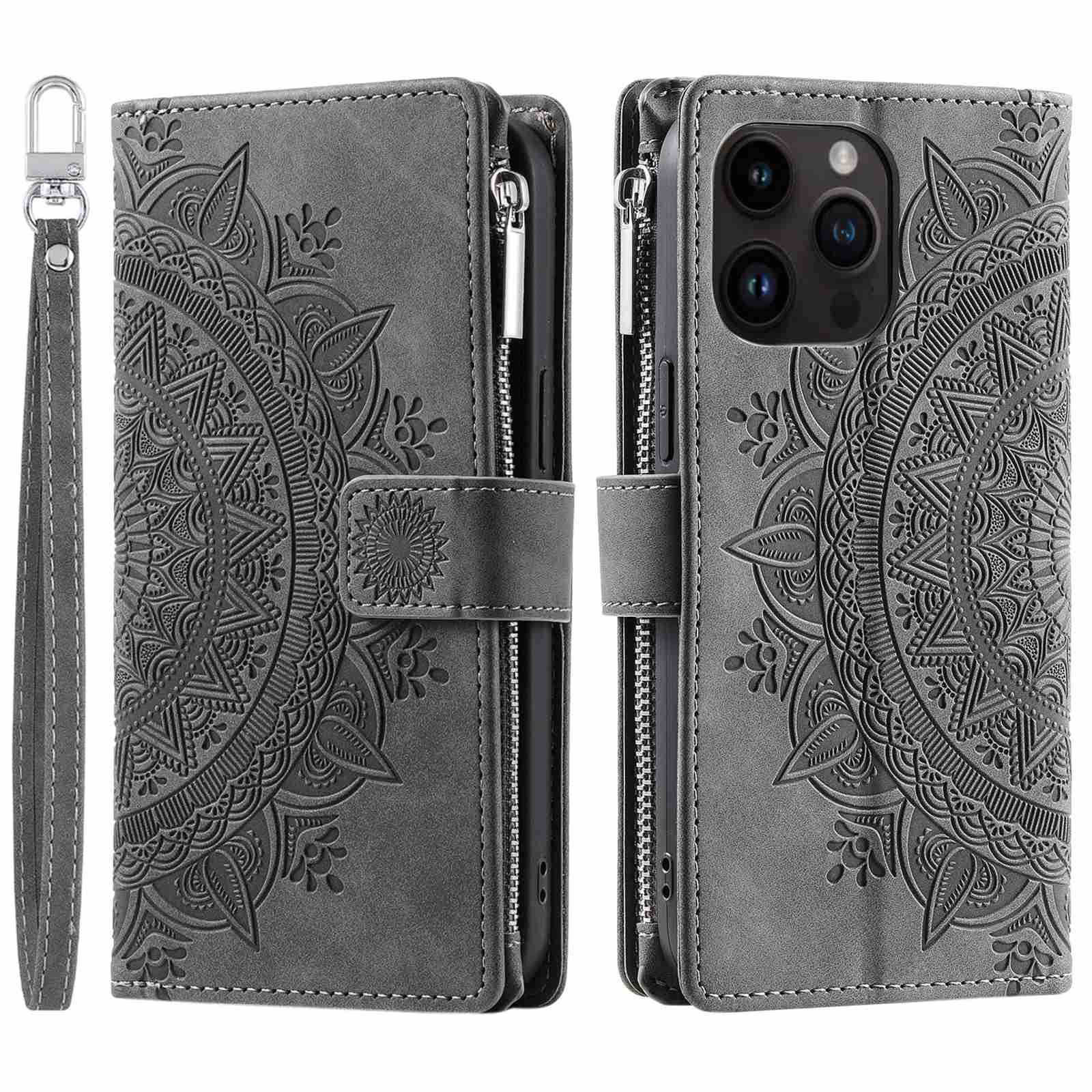 For iPhone 13 Pro 6.1 inch Zipper Pocket Wallet Multiple Card Slots Phone Cover Mandala Flower Imprinted Stand PU Leather Phone Case with Strap