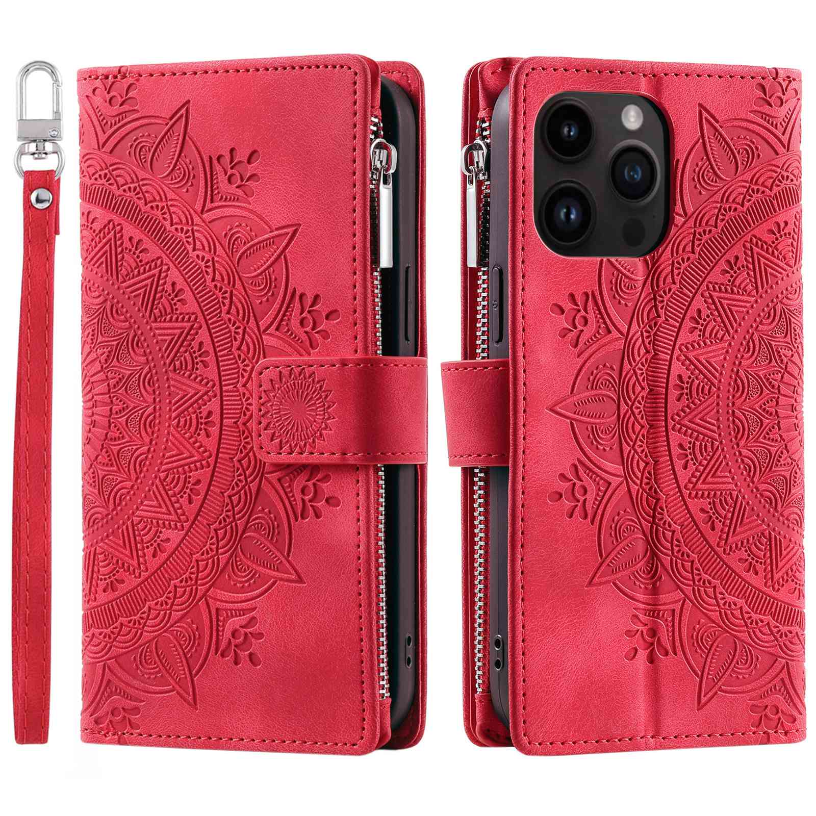 For iPhone 13 Pro 6.1 inch Zipper Pocket Wallet Multiple Card Slots Phone Cover Mandala Flower Imprinted Stand PU Leather Phone Case with Strap