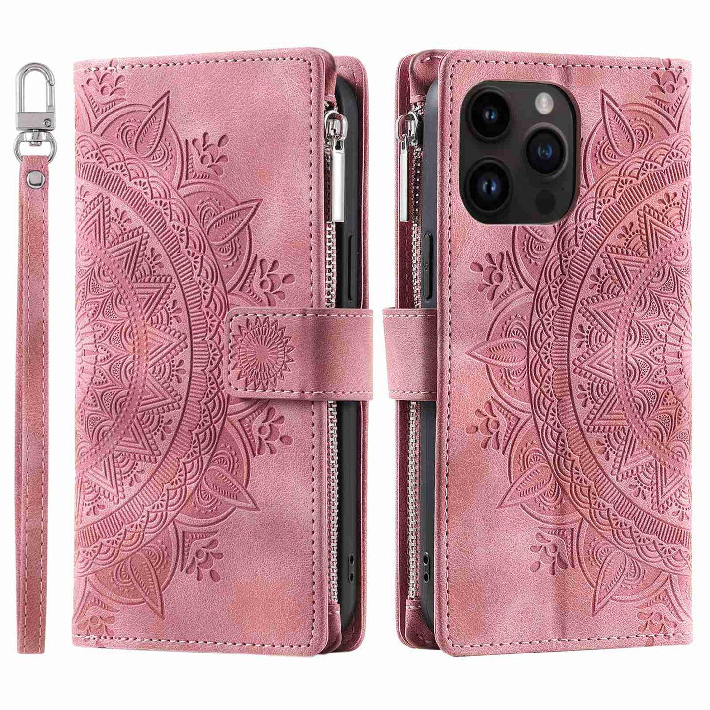 For iPhone 13 Pro 6.1 inch Zipper Pocket Wallet Multiple Card Slots Phone Cover Mandala Flower Imprinted Stand PU Leather Phone Case with Strap
