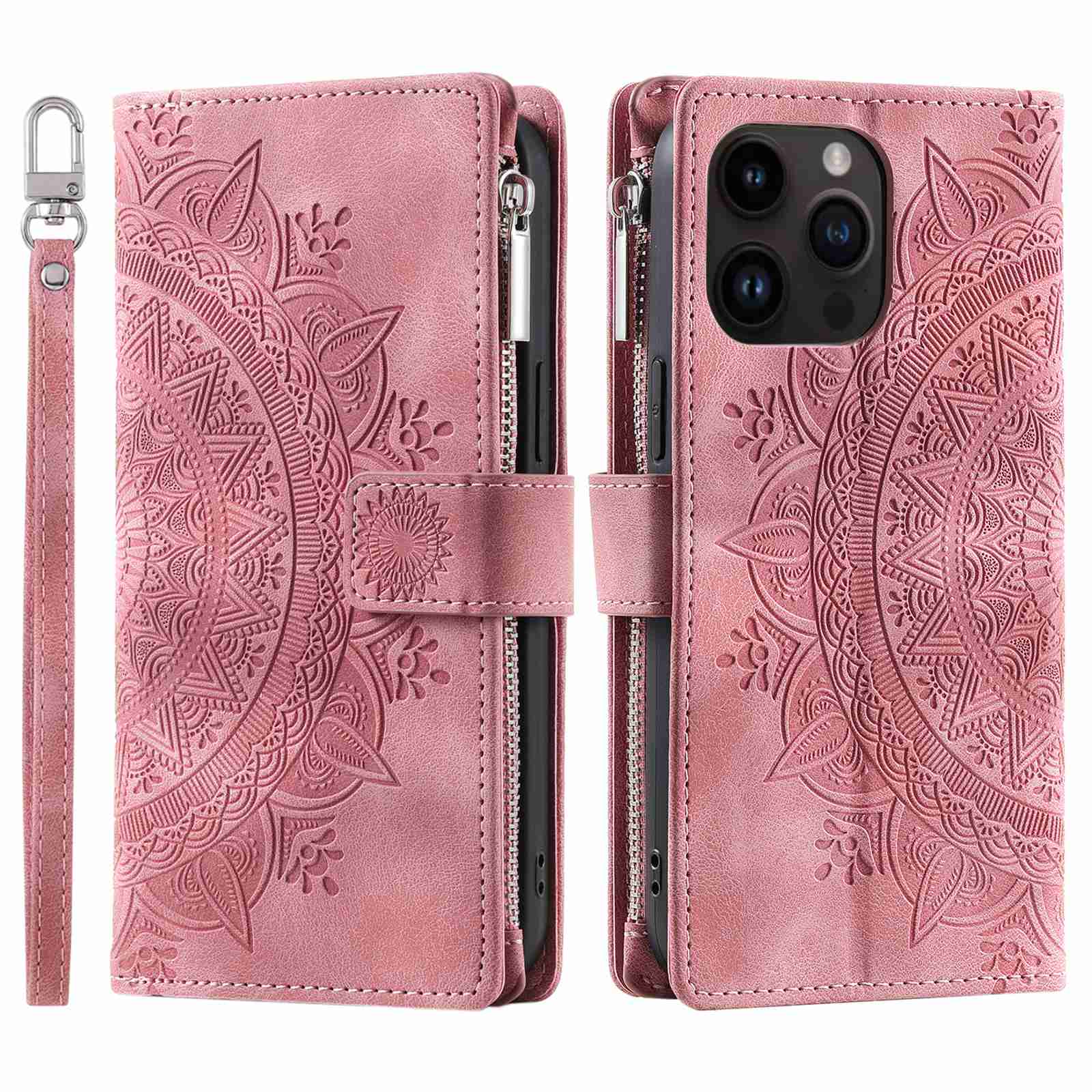 For iPhone 13 Pro 6.1 inch Zipper Pocket Wallet Multiple Card Slots Phone Cover Mandala Flower Imprinted Stand PU Leather Phone Case with Strap