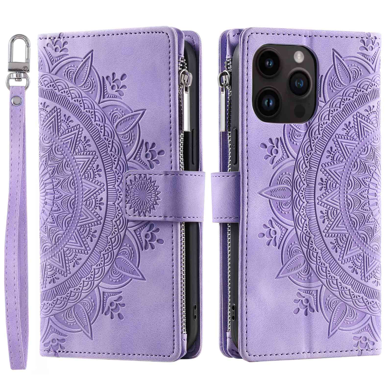 For iPhone 13 Pro 6.1 inch Zipper Pocket Wallet Multiple Card Slots Phone Cover Mandala Flower Imprinted Stand PU Leather Phone Case with Strap