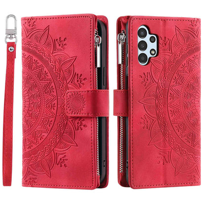 For Samsung Galaxy A13 4G / 5G / A04s 4G (164.7 x 76.7 x 9.1 mm) Mandala Flower Imprinted PU Leather+TPU Phone Cover Stand with Multiple Card Slots Zipper Pocket Wallet Case