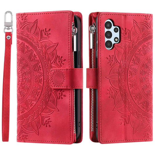 For Samsung Galaxy A13 4G / 5G / A04s 4G (164.7 x 76.7 x 9.1 mm) Mandala Flower Imprinted PU Leather+TPU Phone Cover Stand with Multiple Card Slots Zipper Pocket Wallet Case