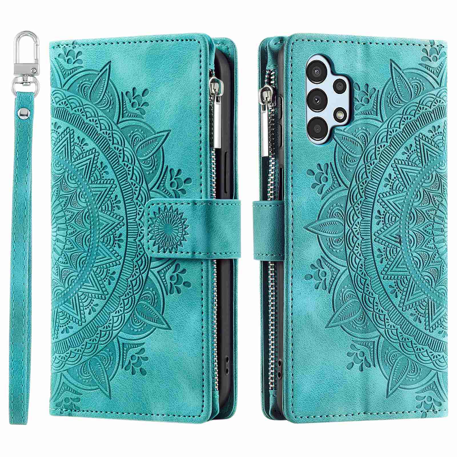 For Samsung Galaxy A13 4G / 5G / A04s 4G (164.7 x 76.7 x 9.1 mm) Mandala Flower Imprinted PU Leather+TPU Phone Cover Stand with Multiple Card Slots Zipper Pocket Wallet Case