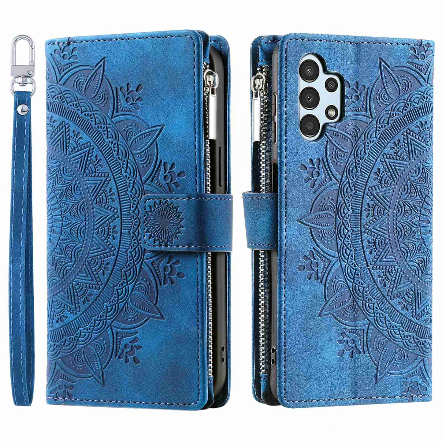 For Samsung Galaxy A13 4G / 5G / A04s 4G (164.7 x 76.7 x 9.1 mm) Mandala Flower Imprinted PU Leather+TPU Phone Cover Stand with Multiple Card Slots Zipper Pocket Wallet Case