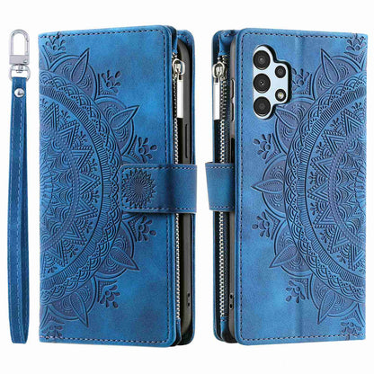 For Samsung Galaxy A13 4G / 5G / A04s 4G (164.7 x 76.7 x 9.1 mm) Mandala Flower Imprinted PU Leather+TPU Phone Cover Stand with Multiple Card Slots Zipper Pocket Wallet Case