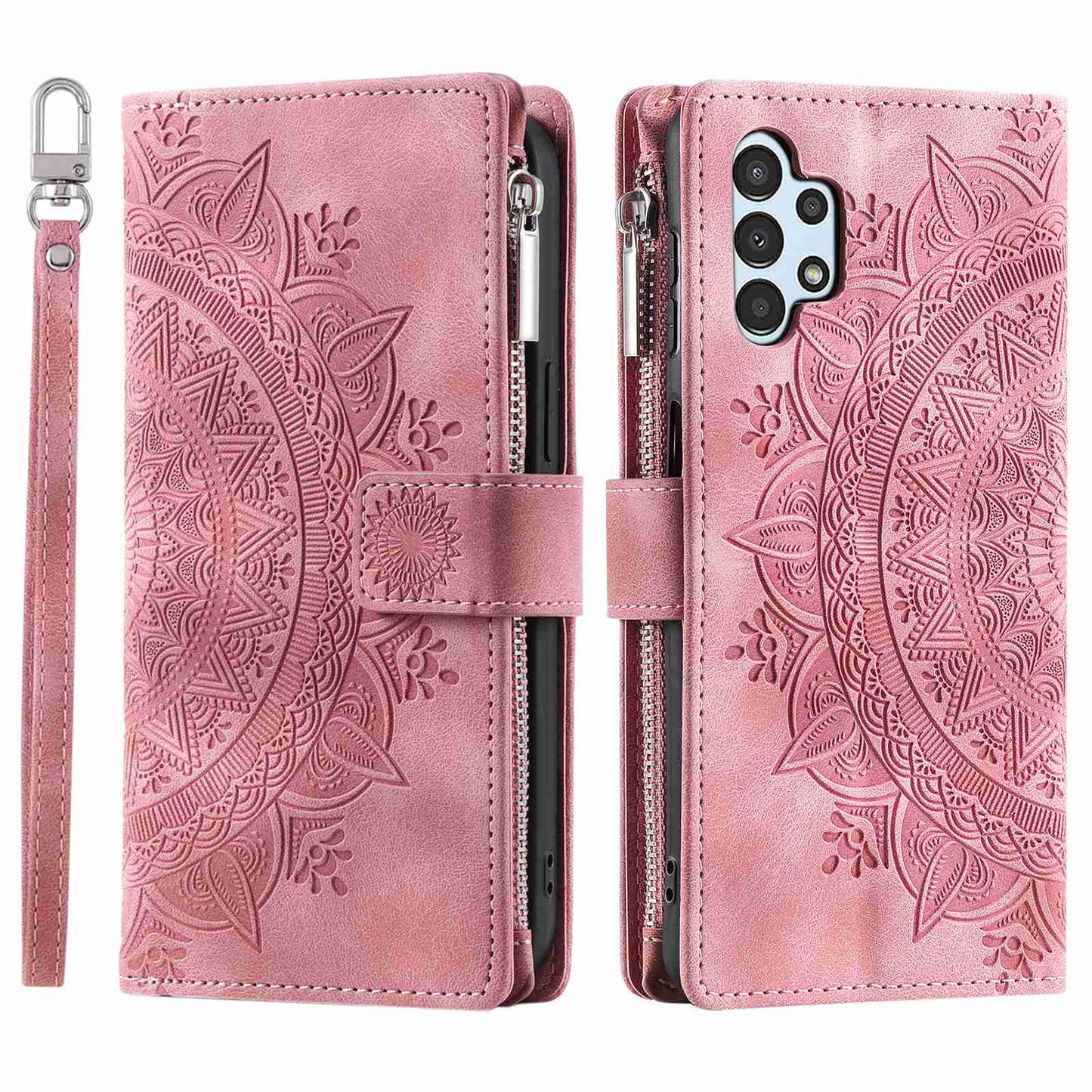 For Samsung Galaxy A13 4G / 5G / A04s 4G (164.7 x 76.7 x 9.1 mm) Mandala Flower Imprinted PU Leather+TPU Phone Cover Stand with Multiple Card Slots Zipper Pocket Wallet Case