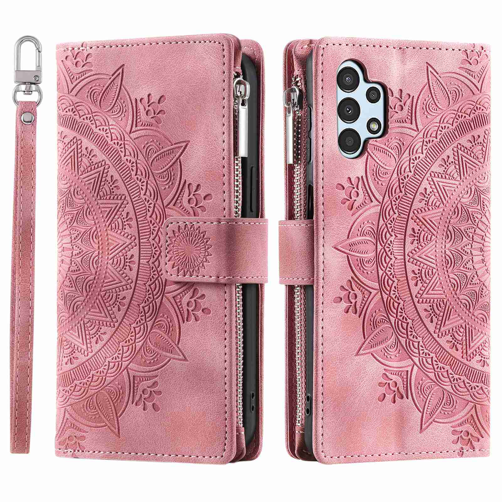 For Samsung Galaxy A13 4G / 5G / A04s 4G (164.7 x 76.7 x 9.1 mm) Mandala Flower Imprinted PU Leather+TPU Phone Cover Stand with Multiple Card Slots Zipper Pocket Wallet Case