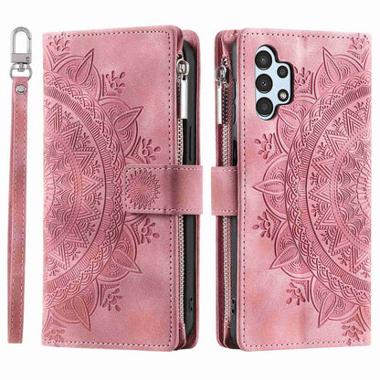 For Samsung Galaxy A13 4G / 5G / A04s 4G (164.7 x 76.7 x 9.1 mm) Mandala Flower Imprinted PU Leather+TPU Phone Cover Stand with Multiple Card Slots Zipper Pocket Wallet Case
