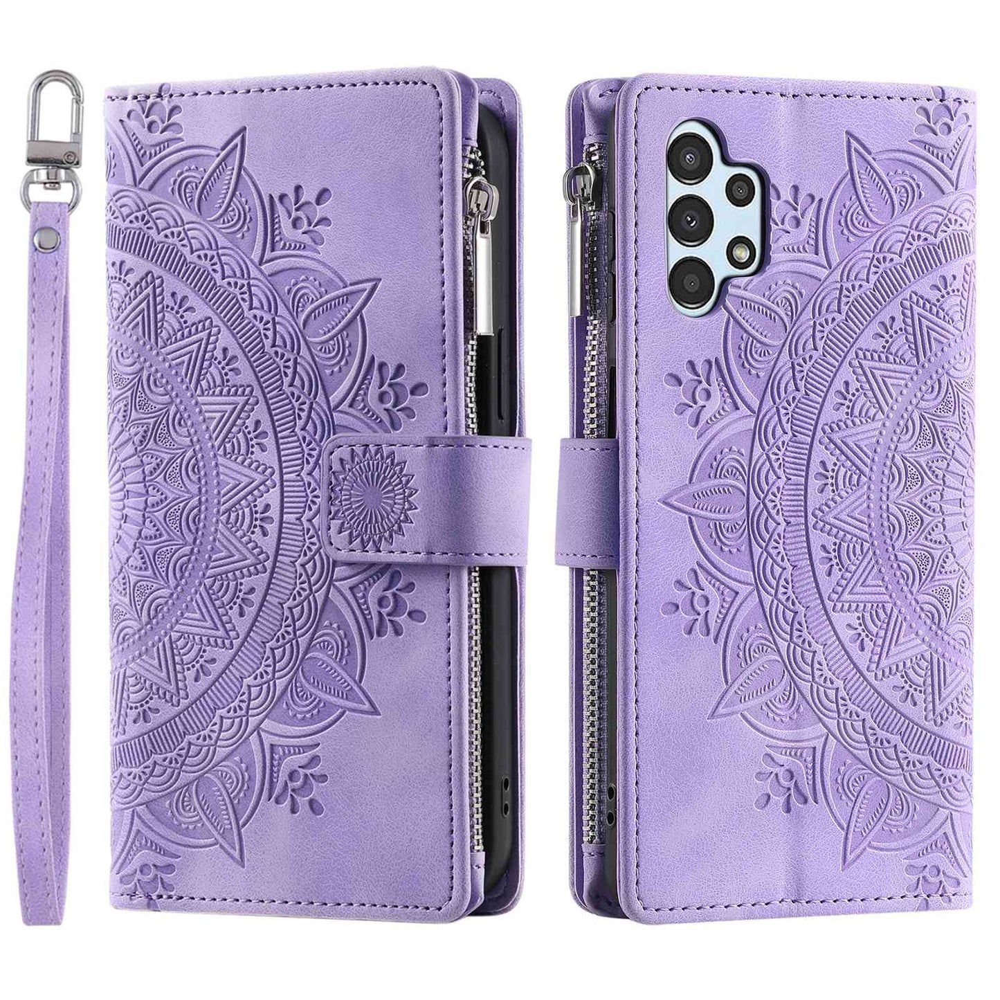 For Samsung Galaxy A13 4G / 5G / A04s 4G (164.7 x 76.7 x 9.1 mm) Mandala Flower Imprinted PU Leather+TPU Phone Cover Stand with Multiple Card Slots Zipper Pocket Wallet Case