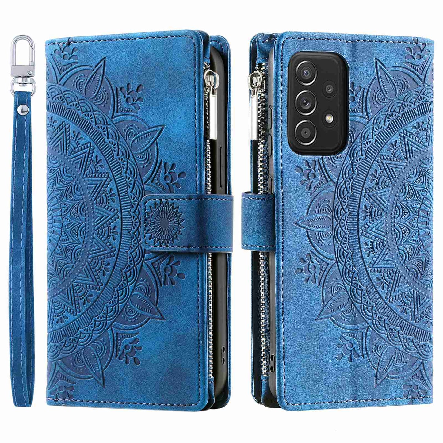 Zipper Pocket Wallet Case for Samsung Galaxy A52 4G / 5G / A52s 5G, Collision-proof Mandala Flower Imprinted PU Leather Stand Cover with Multiple Card Slots