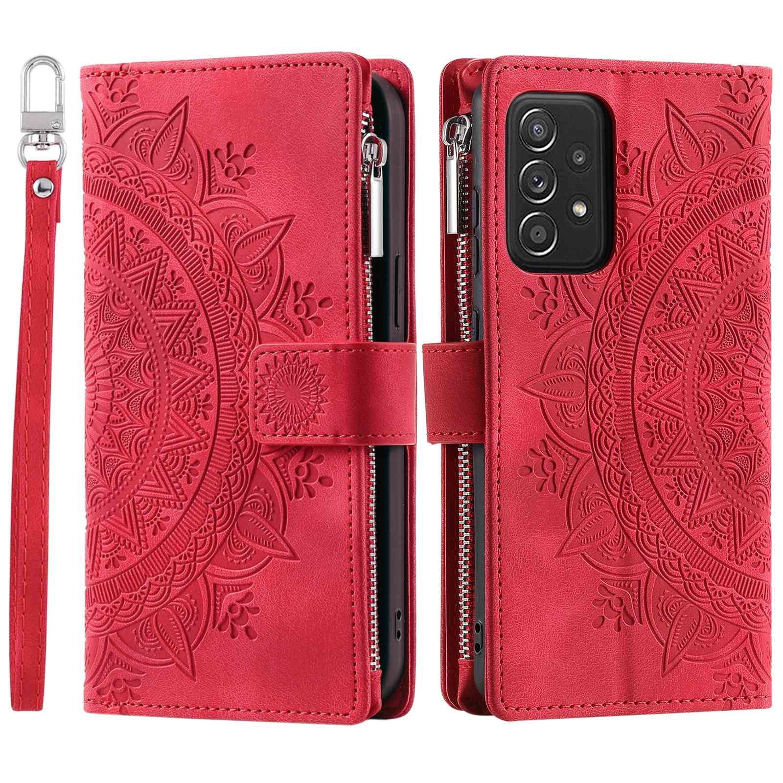 Zipper Pocket Wallet Case for Samsung Galaxy A52 4G / 5G / A52s 5G, Collision-proof Mandala Flower Imprinted PU Leather Stand Cover with Multiple Card Slots