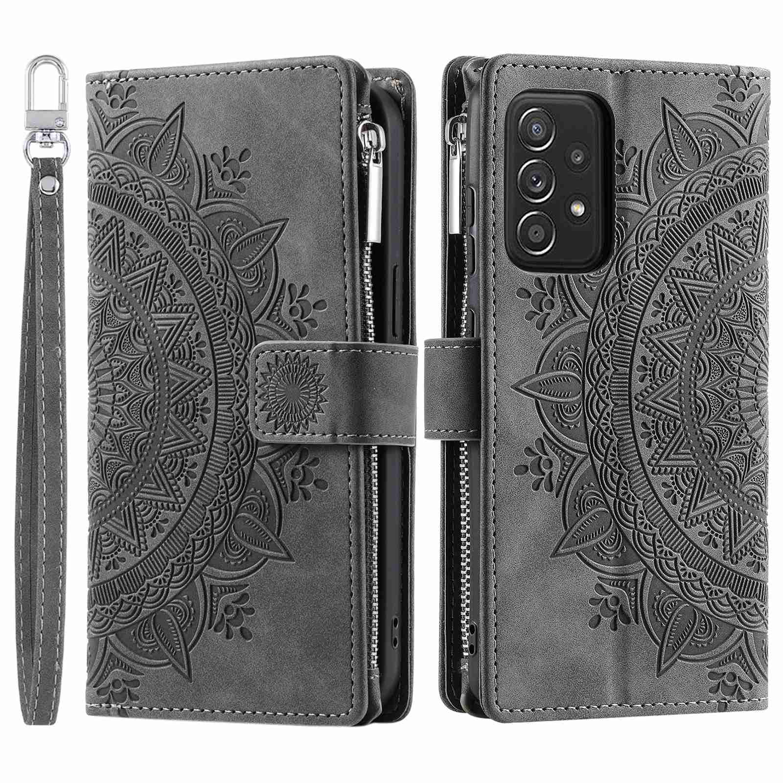 Zipper Pocket Wallet Case for Samsung Galaxy A52 4G / 5G / A52s 5G, Collision-proof Mandala Flower Imprinted PU Leather Stand Cover with Multiple Card Slots
