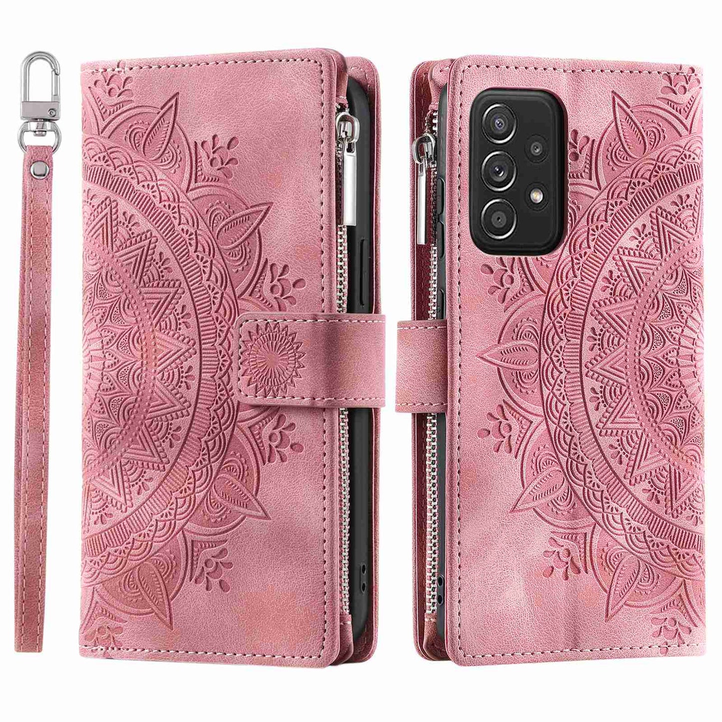 Zipper Pocket Wallet Case for Samsung Galaxy A52 4G / 5G / A52s 5G, Collision-proof Mandala Flower Imprinted PU Leather Stand Cover with Multiple Card Slots