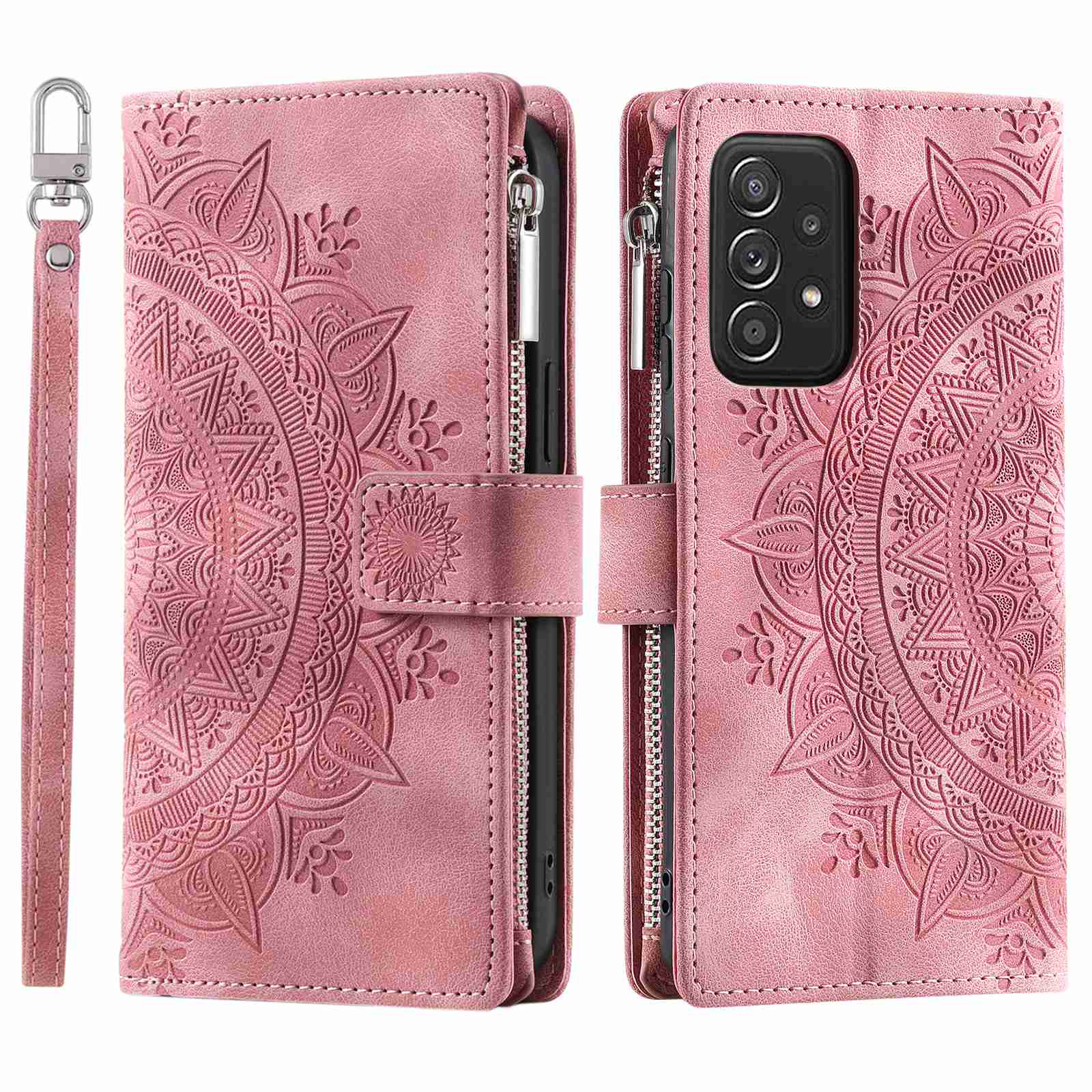 Zipper Pocket Wallet Case for Samsung Galaxy A52 4G / 5G / A52s 5G, Collision-proof Mandala Flower Imprinted PU Leather Stand Cover with Multiple Card Slots