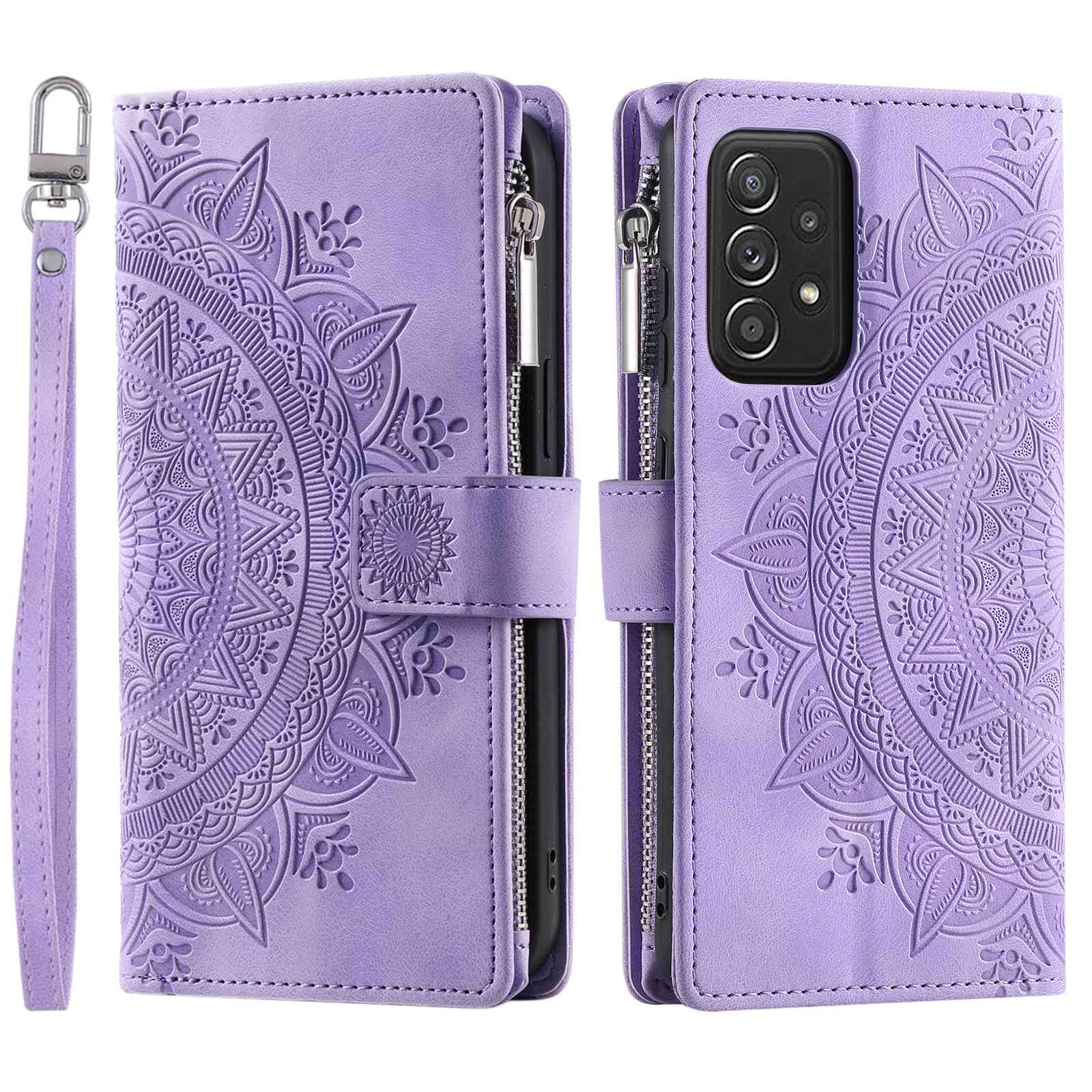 Zipper Pocket Wallet Case for Samsung Galaxy A52 4G / 5G / A52s 5G, Collision-proof Mandala Flower Imprinted PU Leather Stand Cover with Multiple Card Slots