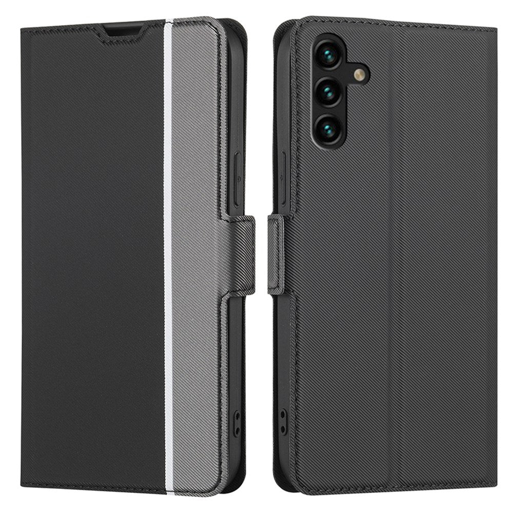 For Samsung Galaxy A04s 4G (164.7 x 76.7 x 9.1 mm) Twill Texture Card Holder Phone Case PU Leather Dual Magnet Clasp Stand Cover