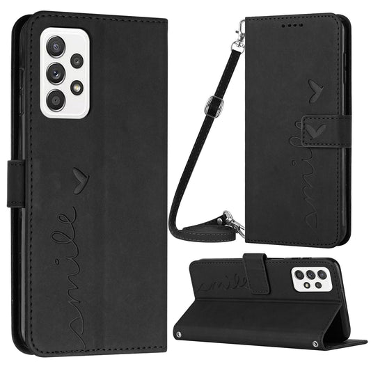 For Samsung Galaxy A53 5G Heart Shape Imprinted Wallet Foldable Stand Case Skin-touch Feeling PU Leather Phone Cover with Shoulder Strap
