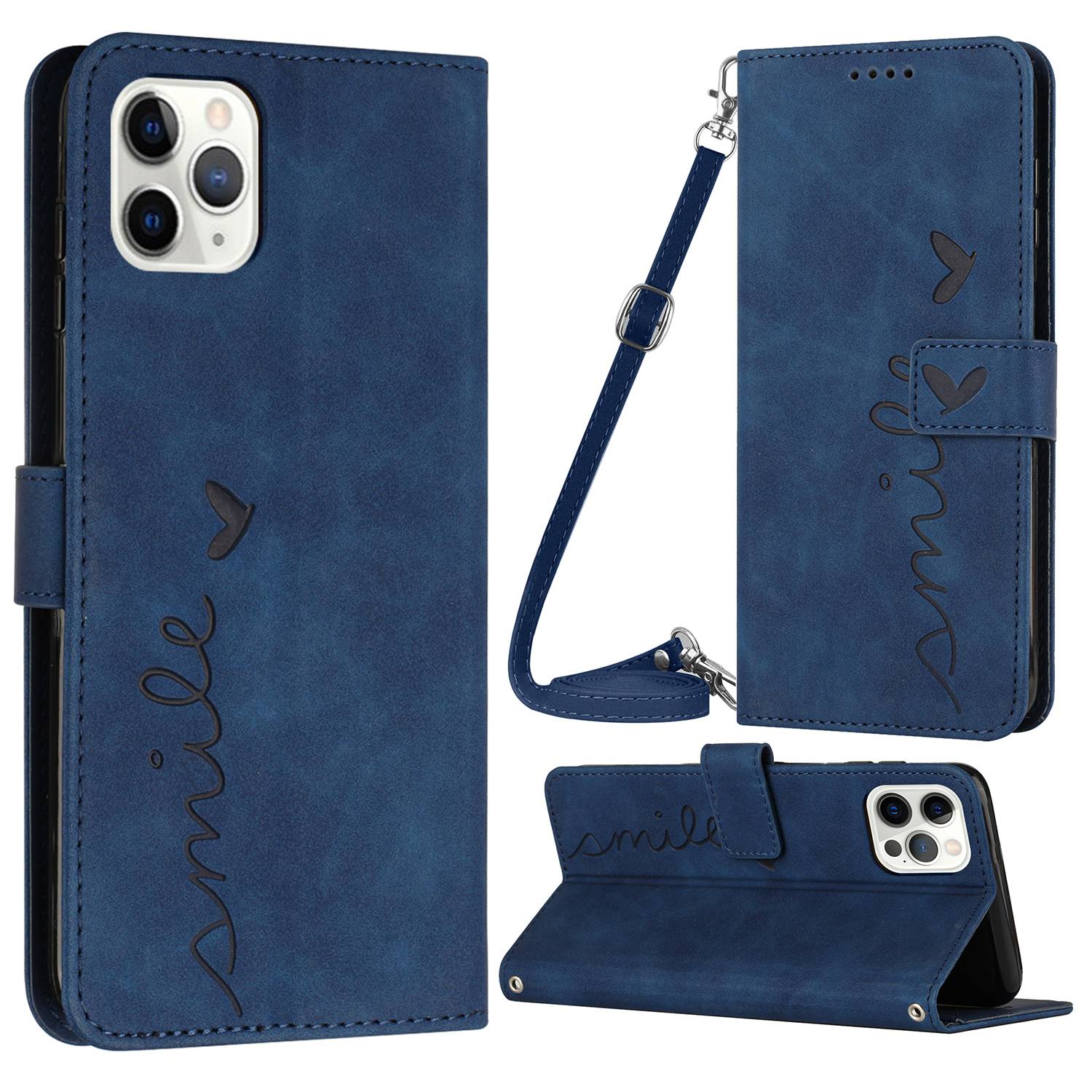 Stand Case for iPhone 13 Pro 6.1 inch, Shockproof Heart Shape Imprinted Wallet Skin-touch Feeling PU Leather Phone Cover with Shoulder Strap