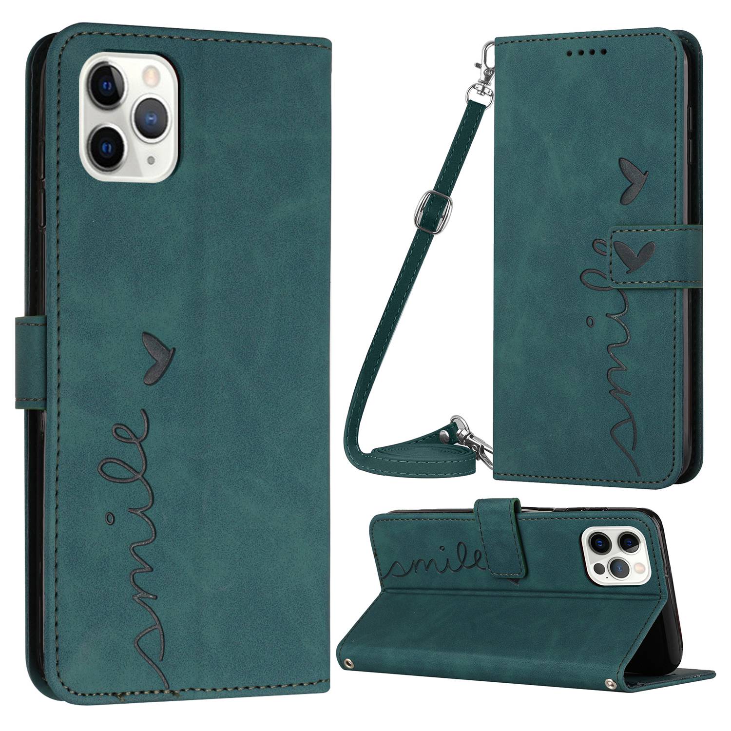 Stand Case for iPhone 13 Pro 6.1 inch, Shockproof Heart Shape Imprinted Wallet Skin-touch Feeling PU Leather Phone Cover with Shoulder Strap
