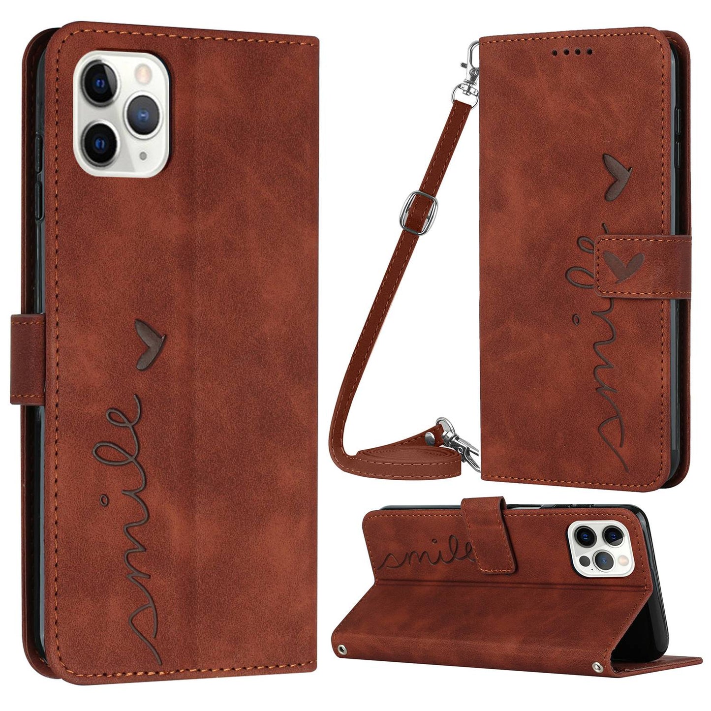 Stand Case for iPhone 13 Pro 6.1 inch, Shockproof Heart Shape Imprinted Wallet Skin-touch Feeling PU Leather Phone Cover with Shoulder Strap