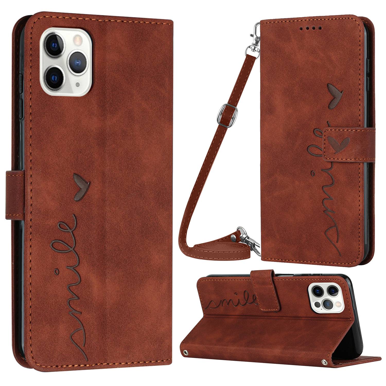 Stand Case for iPhone 13 Pro 6.1 inch, Shockproof Heart Shape Imprinted Wallet Skin-touch Feeling PU Leather Phone Cover with Shoulder Strap