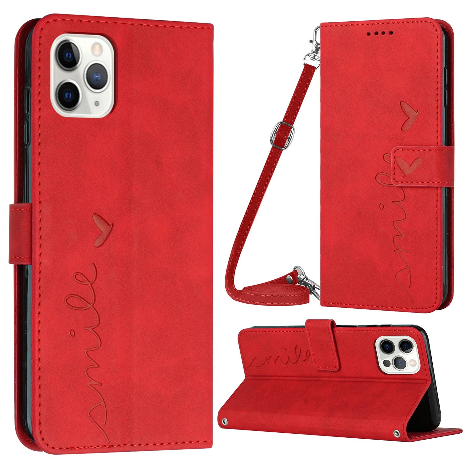 Stand Case for iPhone 13 Pro 6.1 inch, Shockproof Heart Shape Imprinted Wallet Skin-touch Feeling PU Leather Phone Cover with Shoulder Strap
