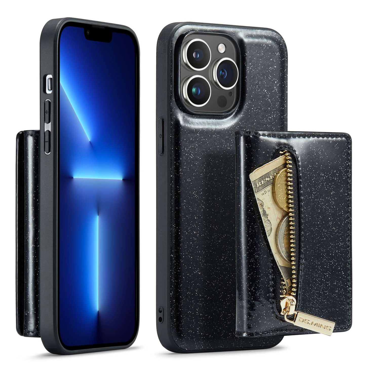 DG.MING M3 Series For iPhone 13 Pro 6.1 inch 2-in-1 Detachable Phone Case Glittery Zippered Wallet Magnetic Anti-scratch Phone Cover Kickstand