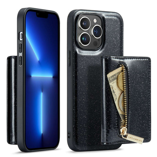 DG.MING M3 Series For iPhone 13 Pro 6.1 inch 2-in-1 Detachable Phone Case Glittery Zippered Wallet Magnetic Anti-scratch Phone Cover Kickstand