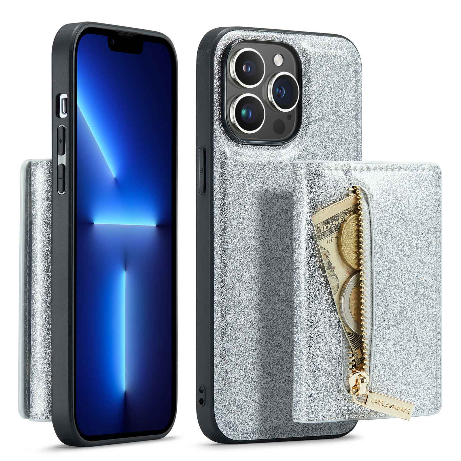 DG.MING M3 Series For iPhone 13 Pro 6.1 inch 2-in-1 Detachable Phone Case Glittery Zippered Wallet Magnetic Anti-scratch Phone Cover Kickstand