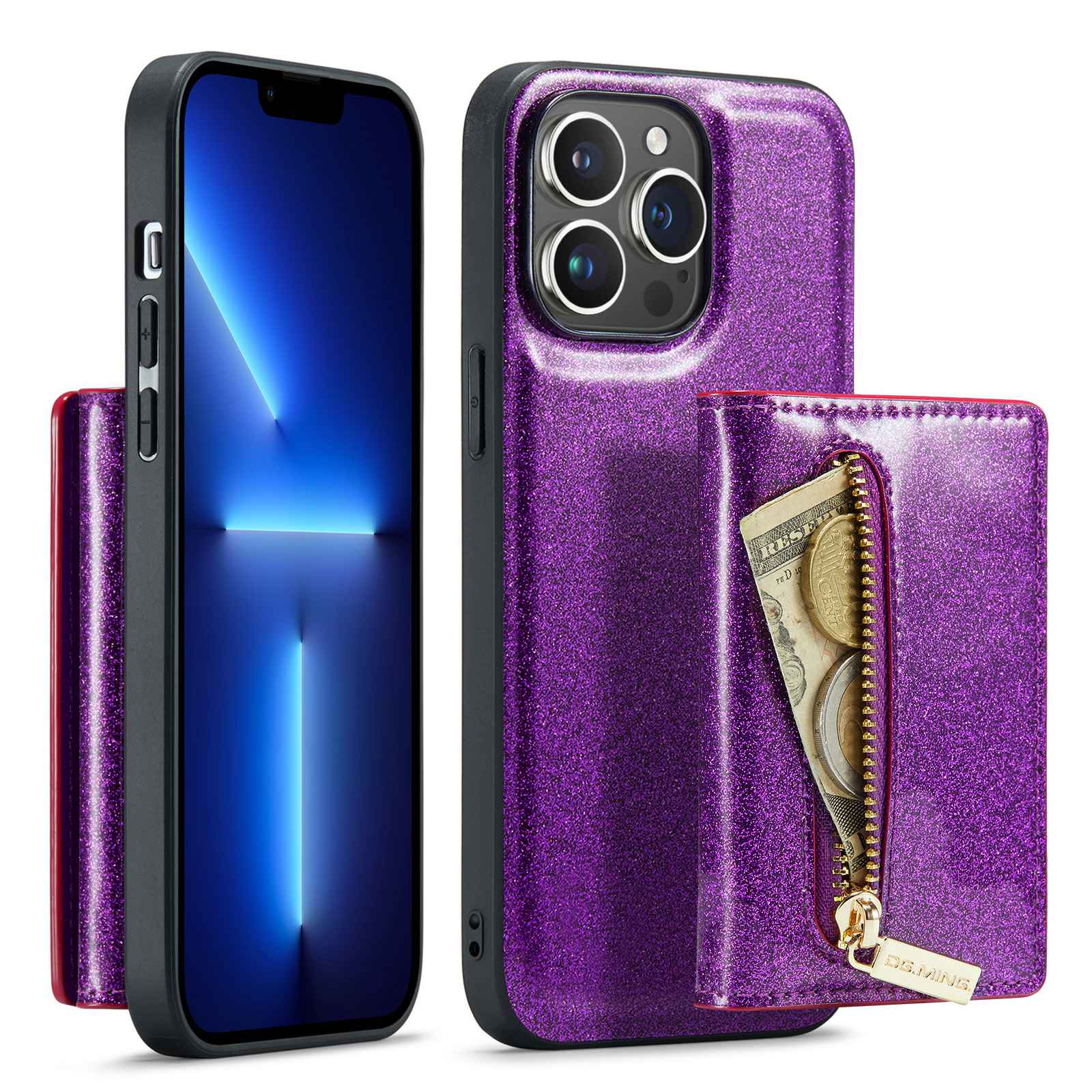 DG.MING M3 Series For iPhone 13 Pro 6.1 inch 2-in-1 Detachable Phone Case Glittery Zippered Wallet Magnetic Anti-scratch Phone Cover Kickstand