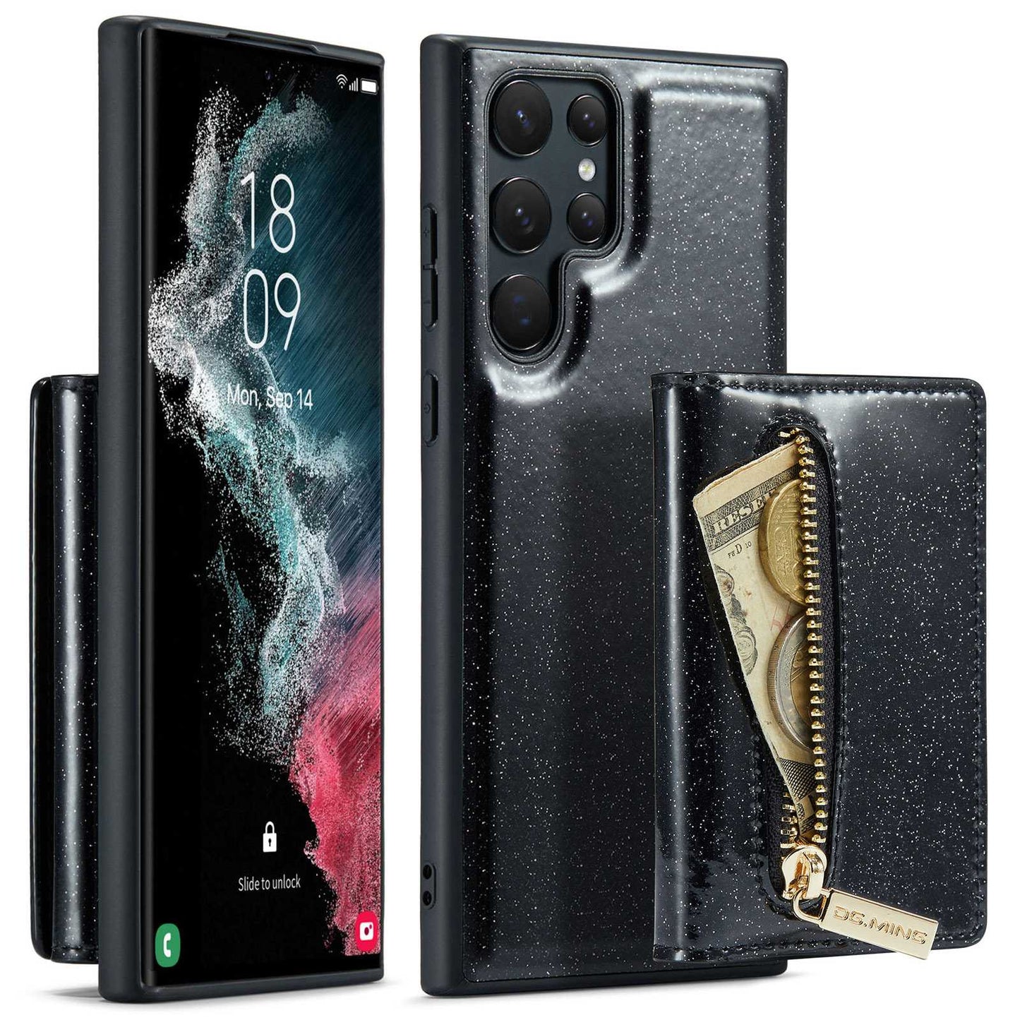 DG.MING M3 Series For Samsung Galaxy S23 Ultra 5G 2-in-1 Glittery PU Leather Coated PC+TPU Back Case Magnetic Detachable Zipper Wallet Anti-drop Phone Cover with Kickstand