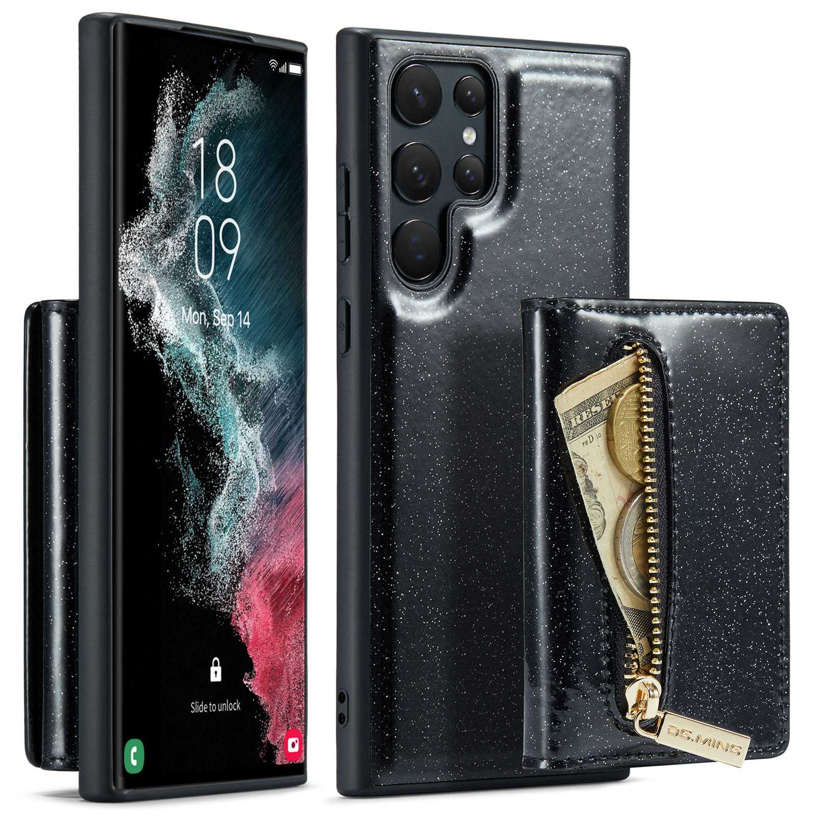DG.MING M3 Series For Samsung Galaxy S23 Ultra 5G 2-in-1 Glittery PU Leather Coated PC+TPU Back Case Magnetic Detachable Zipper Wallet Anti-drop Phone Cover with Kickstand
