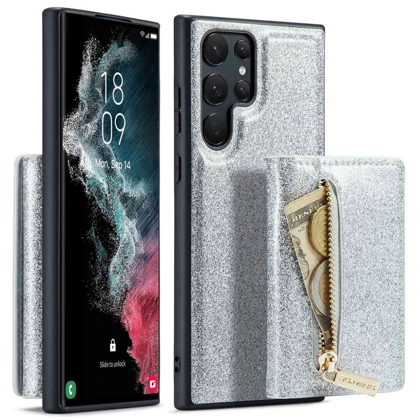 DG.MING M3 Series For Samsung Galaxy S23 Ultra 5G 2-in-1 Glittery PU Leather Coated PC+TPU Back Case Magnetic Detachable Zipper Wallet Anti-drop Phone Cover with Kickstand