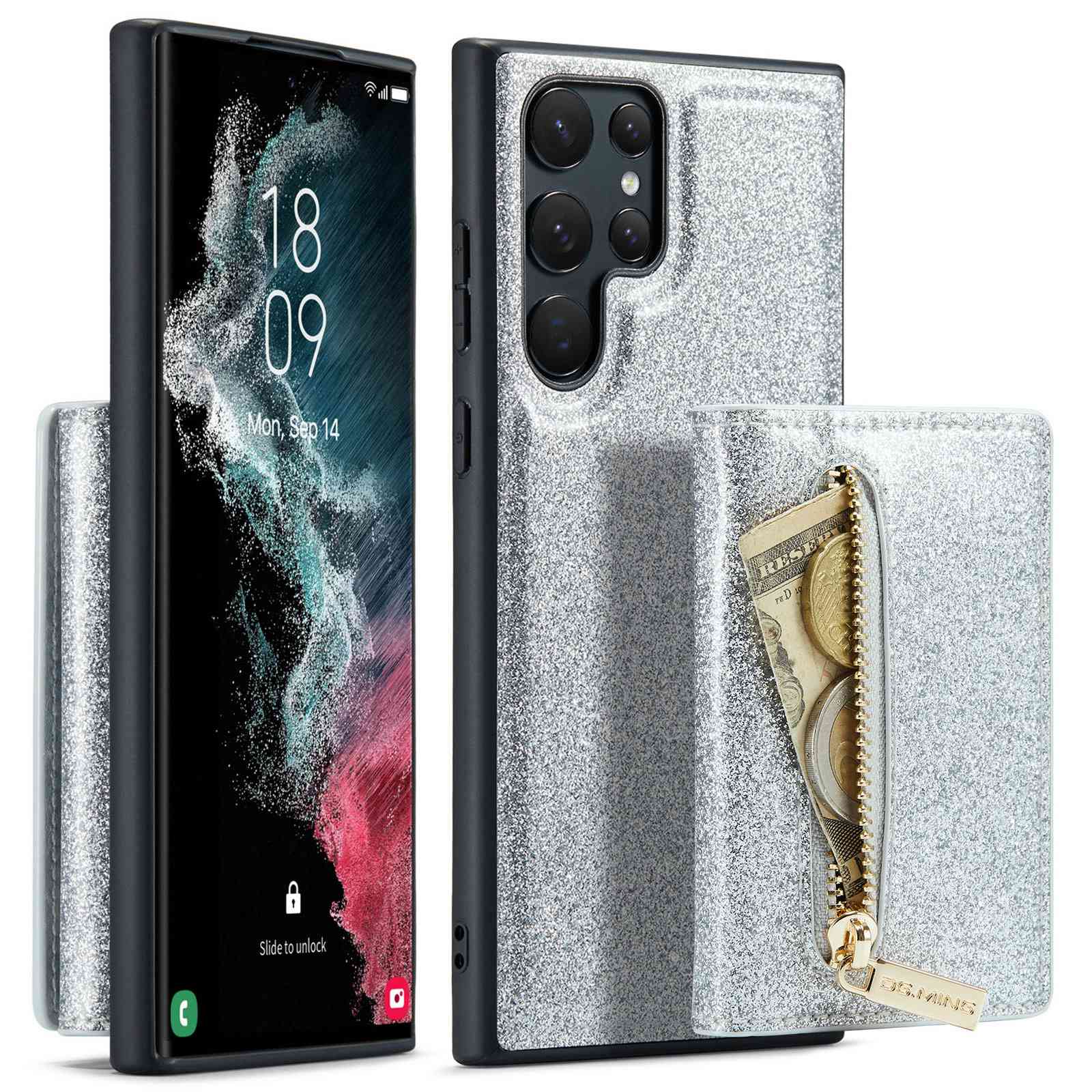 DG.MING M3 Series For Samsung Galaxy S23 Ultra 5G 2-in-1 Glittery PU Leather Coated PC+TPU Back Case Magnetic Detachable Zipper Wallet Anti-drop Phone Cover with Kickstand