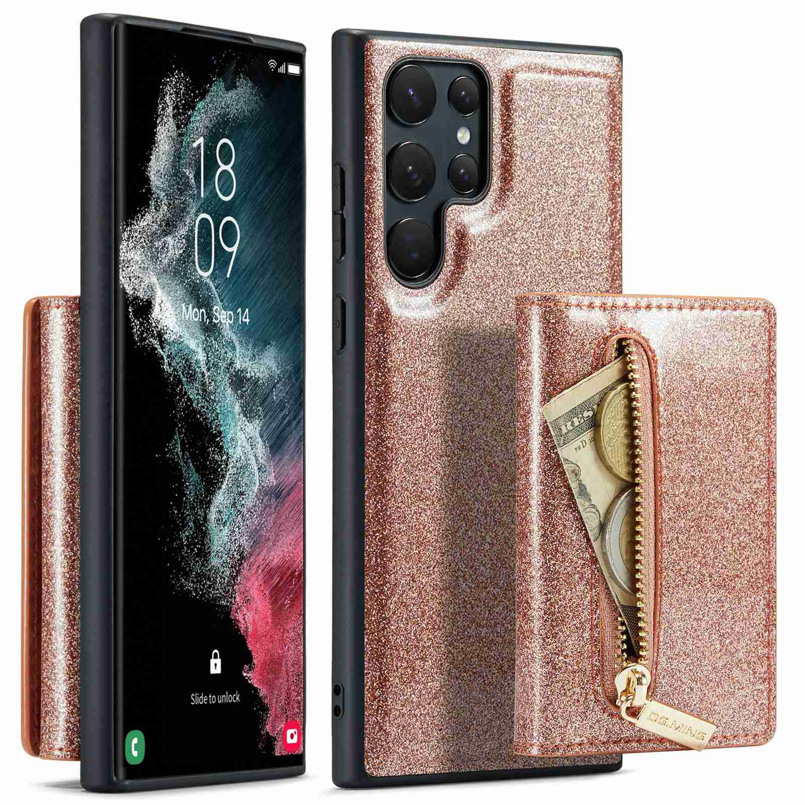 DG.MING M3 Series For Samsung Galaxy S23 Ultra 5G 2-in-1 Glittery PU Leather Coated PC+TPU Back Case Magnetic Detachable Zipper Wallet Anti-drop Phone Cover with Kickstand