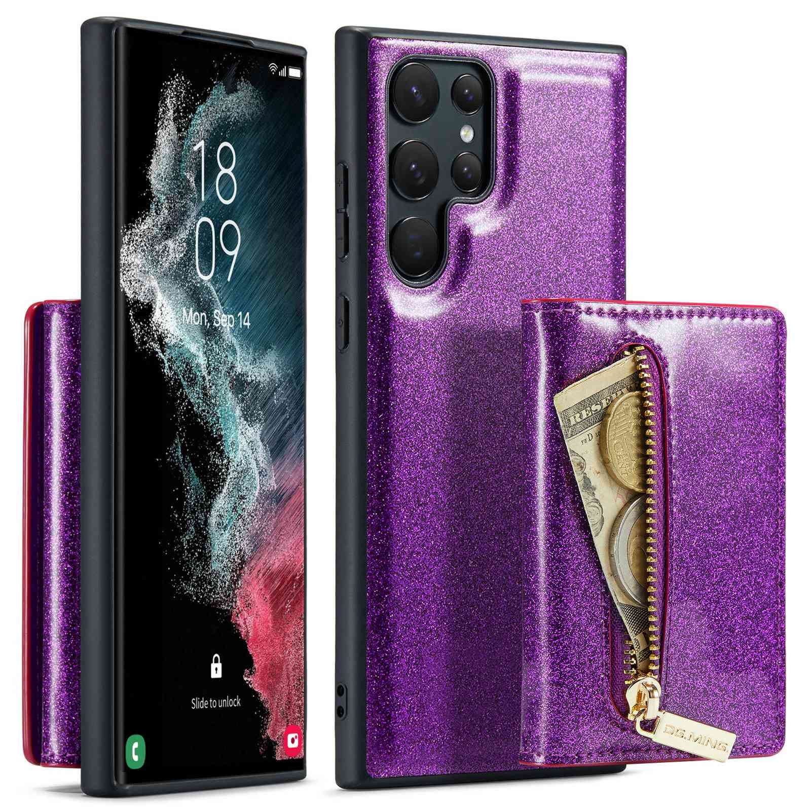 DG.MING M3 Series For Samsung Galaxy S23 Ultra 5G 2-in-1 Glittery PU Leather Coated PC+TPU Back Case Magnetic Detachable Zipper Wallet Anti-drop Phone Cover with Kickstand
