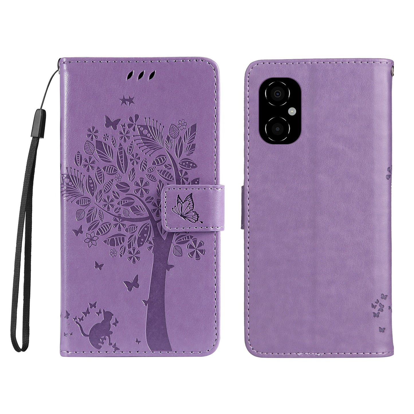 KT Imprinting Flower Series-3 for Xiaomi Poco M4 5G / Poco M5 (India) 4G Imprinted Cat Tree Pattern PU Leather Stand Case Magnetic Phone Wallet Cover
