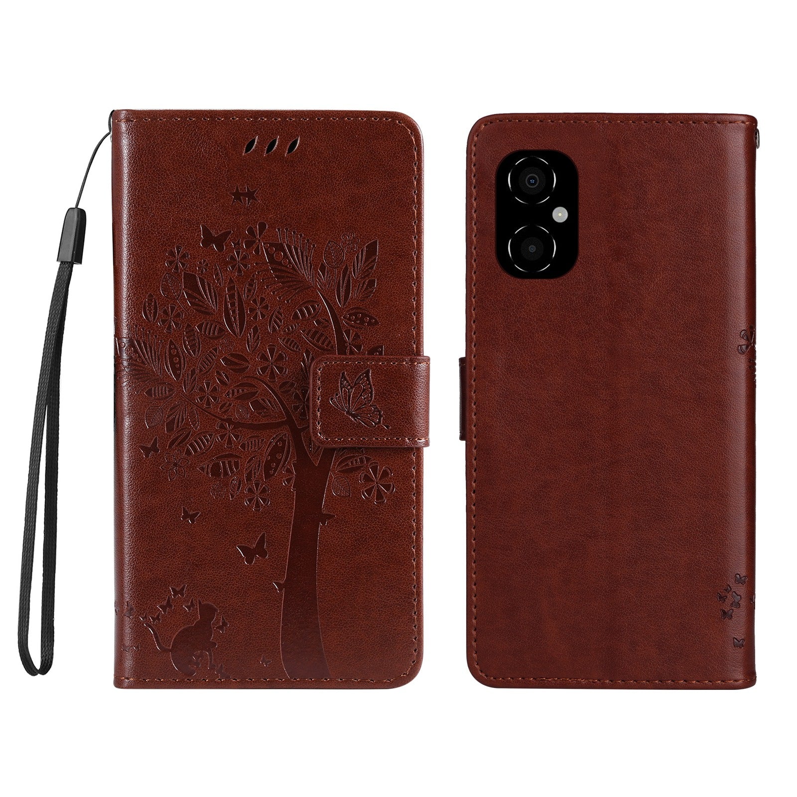 KT Imprinting Flower Series-3 for Xiaomi Poco M4 5G / Poco M5 (India) 4G Imprinted Cat Tree Pattern PU Leather Stand Case Magnetic Phone Wallet Cover