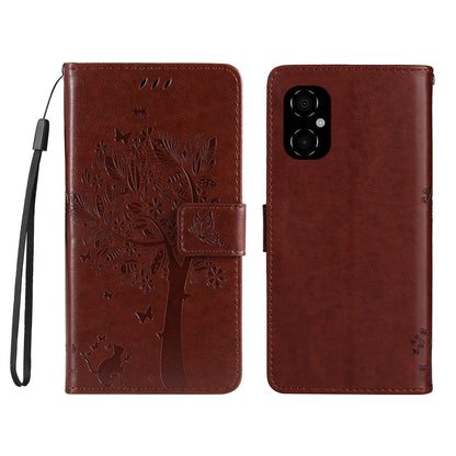 KT Imprinting Flower Series-3 for Xiaomi Poco M4 5G / Poco M5 (India) 4G Imprinted Cat Tree Pattern PU Leather Stand Case Magnetic Phone Wallet Cover