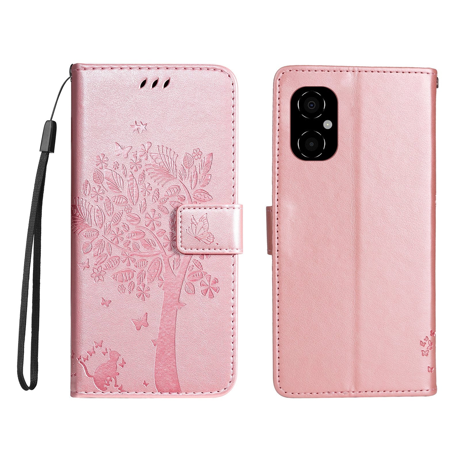 KT Imprinting Flower Series-3 for Xiaomi Poco M4 5G / Poco M5 (India) 4G Imprinted Cat Tree Pattern PU Leather Stand Case Magnetic Phone Wallet Cover