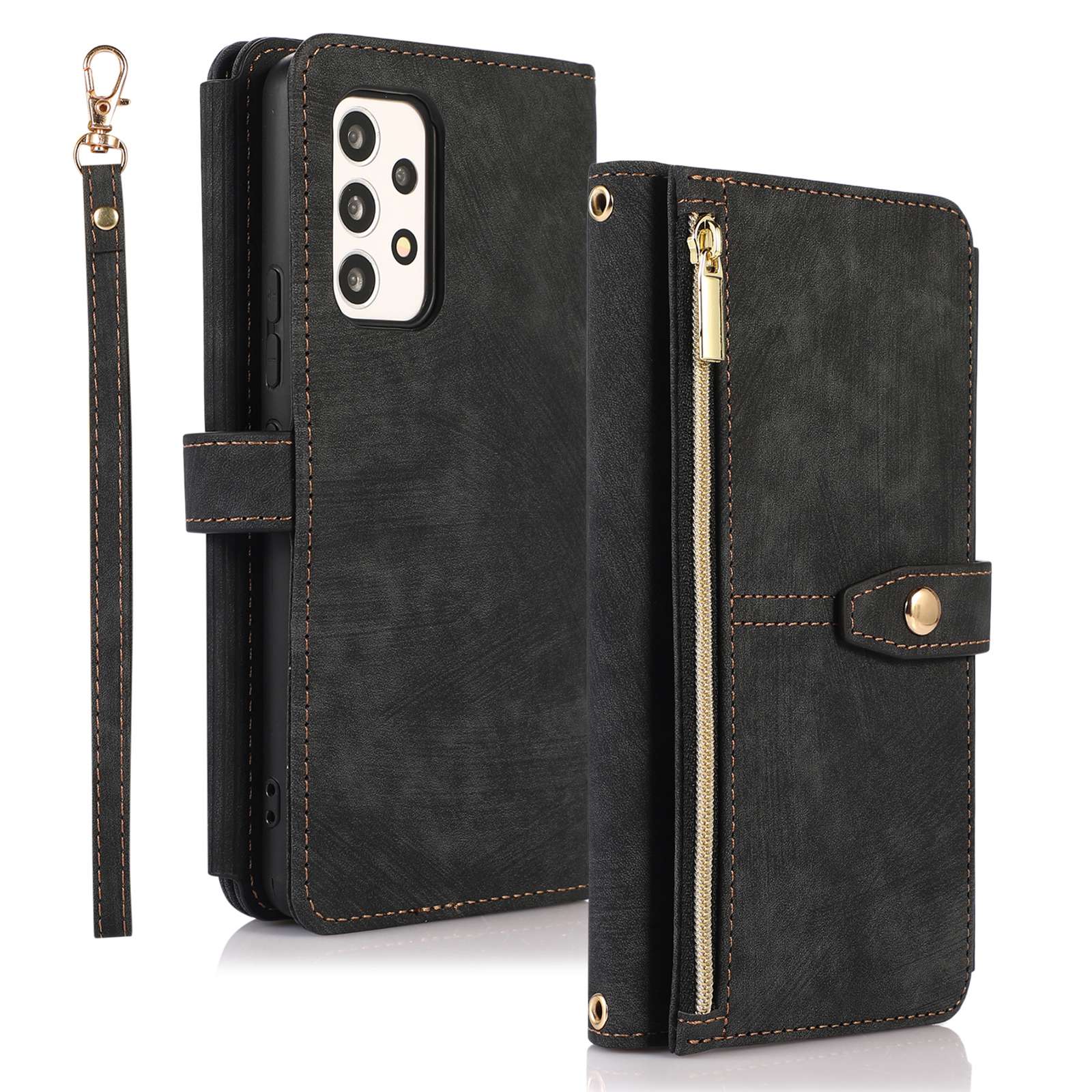For Samsung Galaxy A13 4G / A13 5G / M13 5G / A04 4G (164.4 x 76.3 x 9.1 mm) / A04s 4G (164.7 x 76.7 x 9.1 mm) Zipper Pocket PU Leather Case Multiple Card Slots Wallet Stand Magnetic Phone Cover