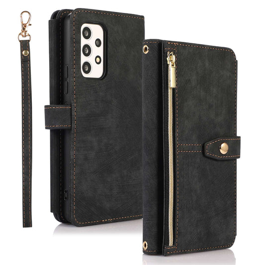 For Samsung Galaxy A13 4G / A13 5G / M13 5G / A04 4G (164.4 x 76.3 x 9.1 mm) / A04s 4G (164.7 x 76.7 x 9.1 mm) Zipper Pocket PU Leather Case Multiple Card Slots Wallet Stand Magnetic Phone Cover