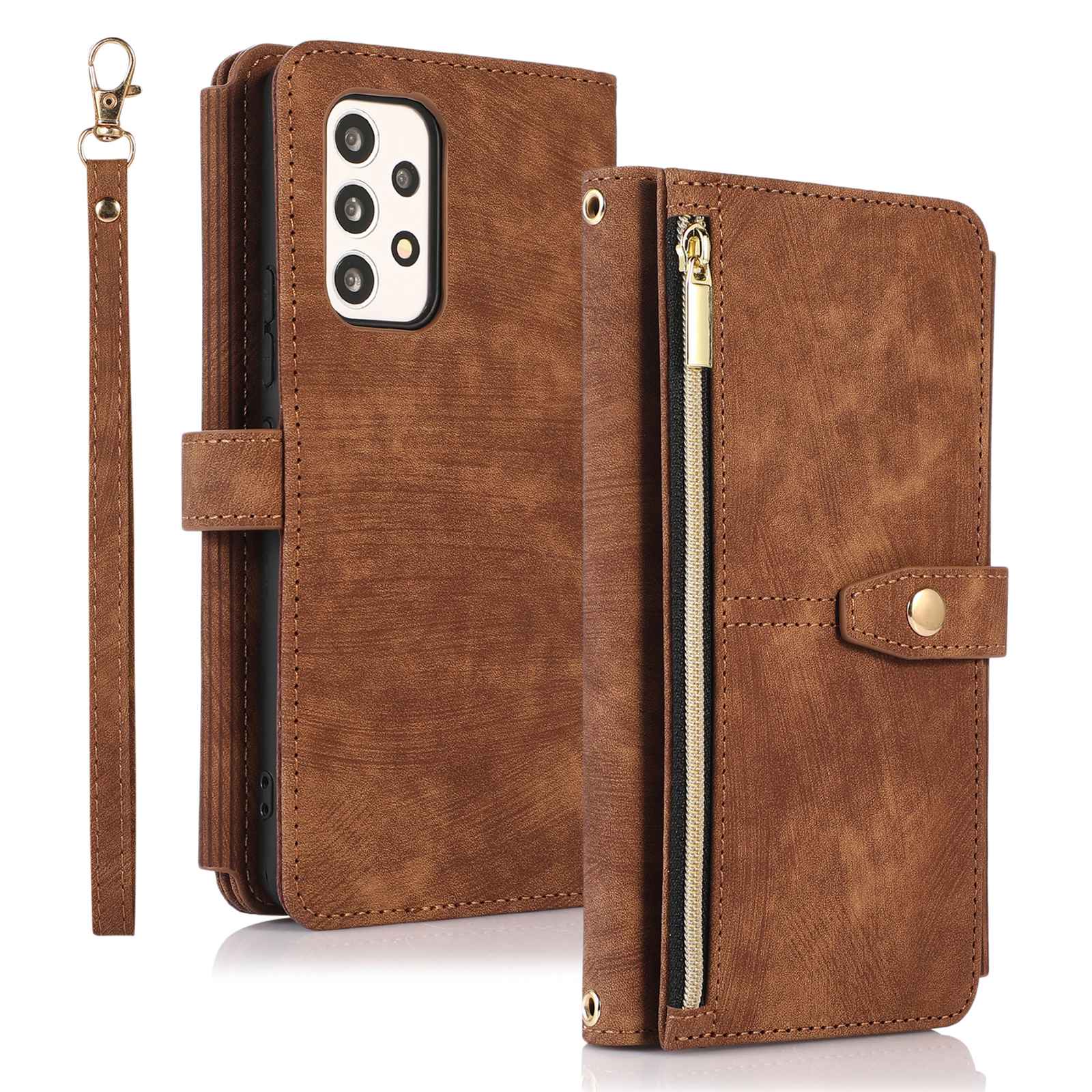 For Samsung Galaxy A13 4G / A13 5G / M13 5G / A04 4G (164.4 x 76.3 x 9.1 mm) / A04s 4G (164.7 x 76.7 x 9.1 mm) Zipper Pocket PU Leather Case Multiple Card Slots Wallet Stand Magnetic Phone Cover