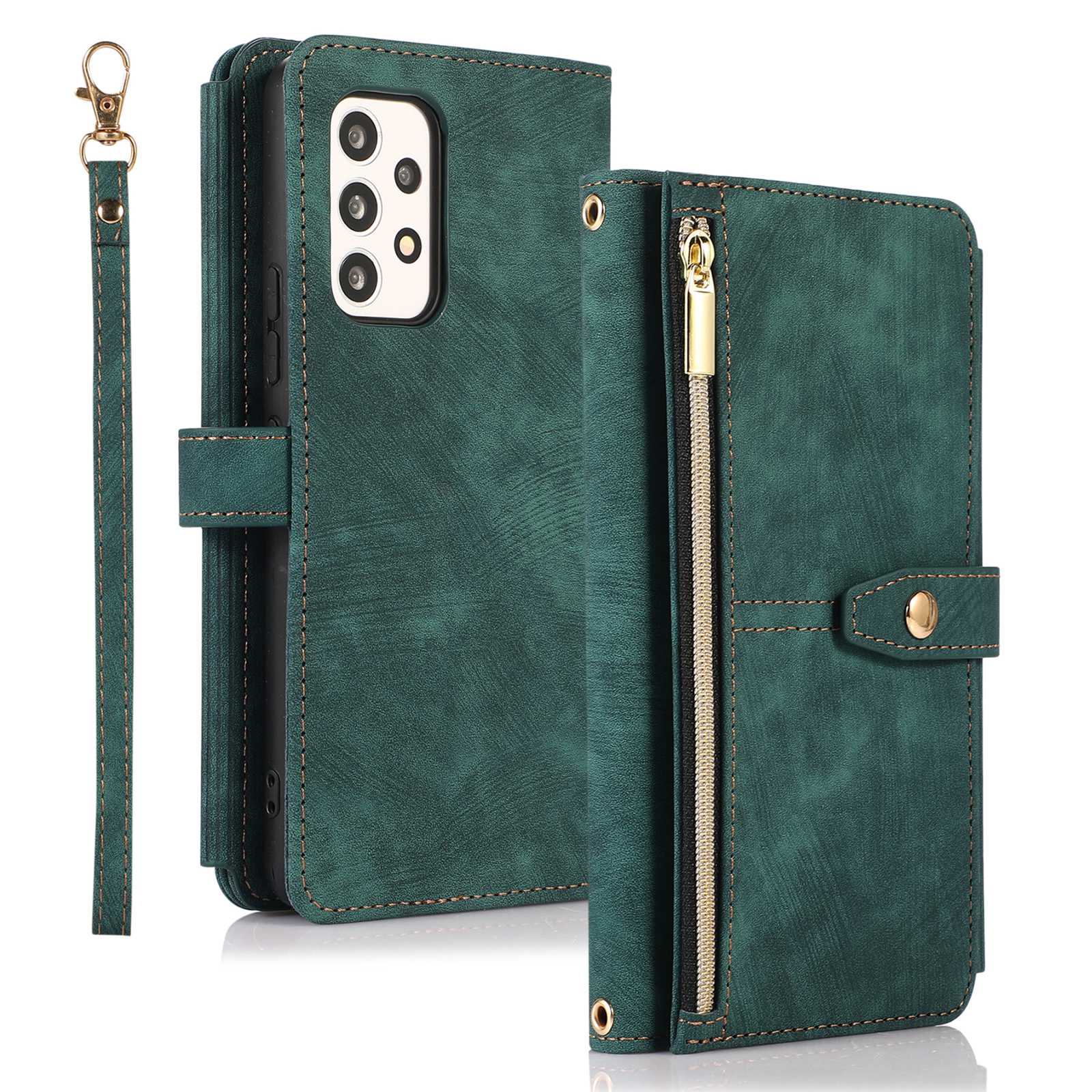 For Samsung Galaxy A13 4G / A13 5G / M13 5G / A04 4G (164.4 x 76.3 x 9.1 mm) / A04s 4G (164.7 x 76.7 x 9.1 mm) Zipper Pocket PU Leather Case Multiple Card Slots Wallet Stand Magnetic Phone Cover