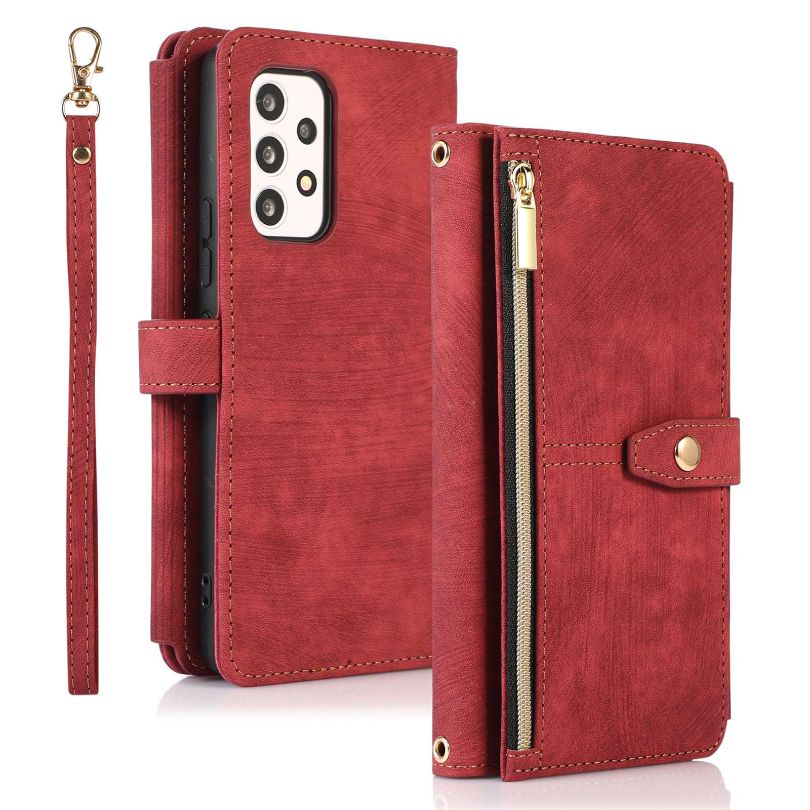 For Samsung Galaxy A13 4G / A13 5G / M13 5G / A04 4G (164.4 x 76.3 x 9.1 mm) / A04s 4G (164.7 x 76.7 x 9.1 mm) Zipper Pocket PU Leather Case Multiple Card Slots Wallet Stand Magnetic Phone Cover
