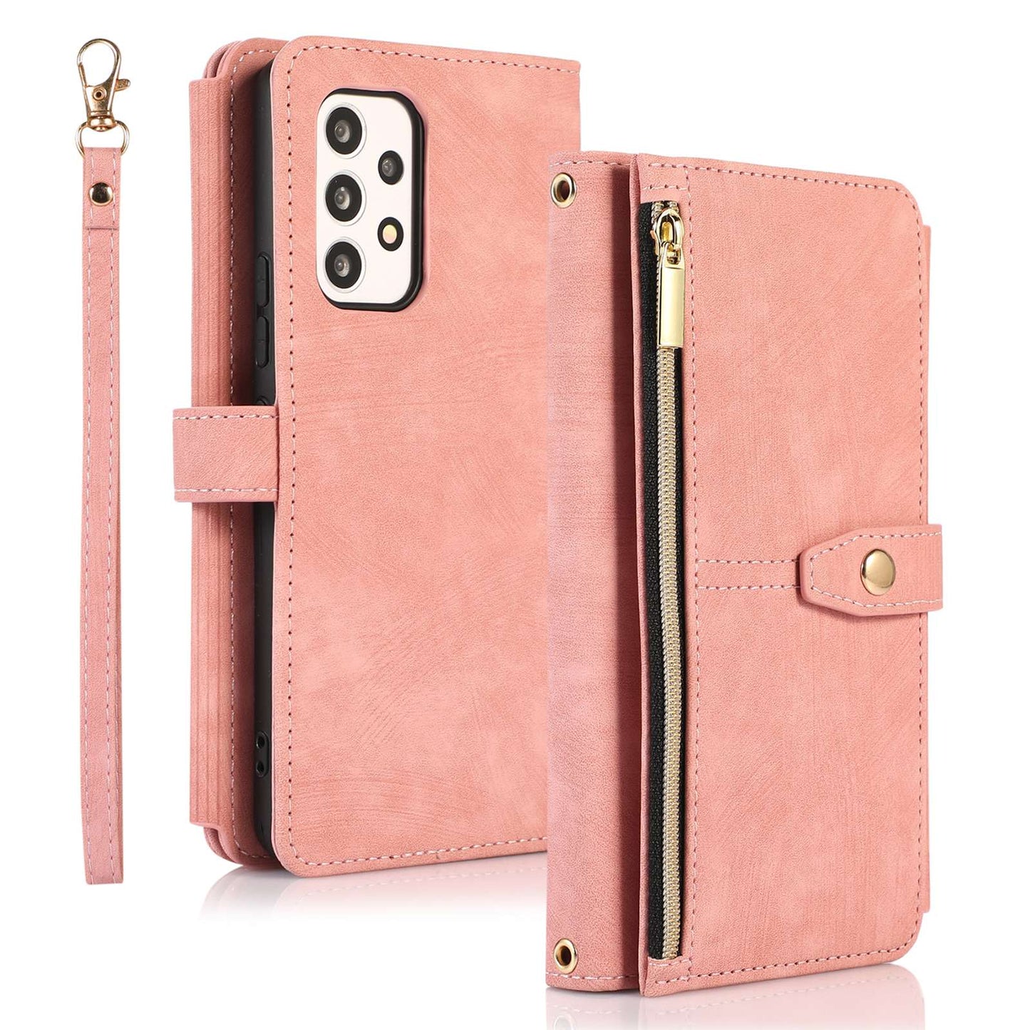 For Samsung Galaxy A13 4G / A13 5G / M13 5G / A04 4G (164.4 x 76.3 x 9.1 mm) / A04s 4G (164.7 x 76.7 x 9.1 mm) Zipper Pocket PU Leather Case Multiple Card Slots Wallet Stand Magnetic Phone Cover