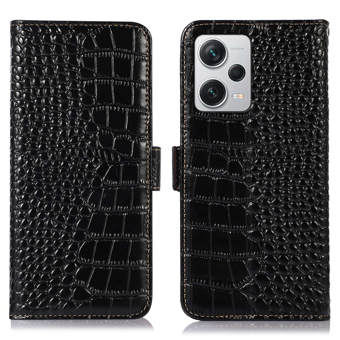 RFID Blocking Phone Cover For Xiaomi Redmi Note 12 Pro+ 5G, Crocodile Texture Genuine Cowhide Leather Phone Case Wallet Stand