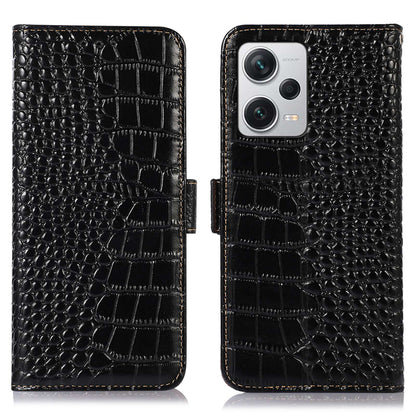 RFID Blocking Phone Cover For Xiaomi Redmi Note 12 Pro+ 5G, Crocodile Texture Genuine Cowhide Leather Phone Case Wallet Stand