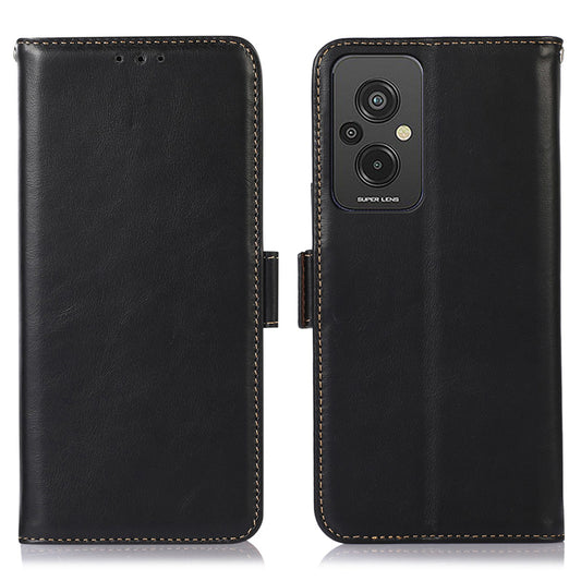 RFID Blocking Phone Case for Xiaomi Redmi 11 Prime 4G, Wallet Stand Magnetic Closure Crazy Horse Texture Genuine Cowhide Leather Anti-scratch Flip Cover